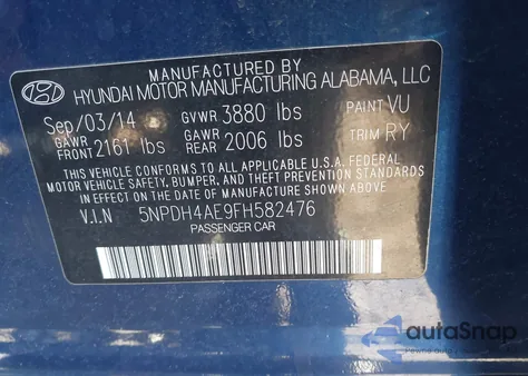 2015 Hyundai Elantra Se z USA, uszkodzony, nr VIN 5NPDH4AE9FH582476